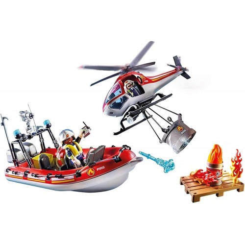 Playmobil itfaiye Yangın Müdahale Kurtarma Helikopteri ve Botu Oyuncakları 70335 (100 Parça)